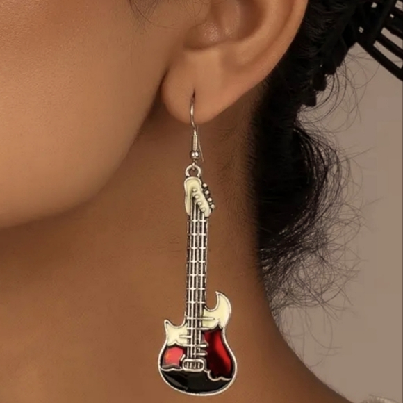 GUITAR EARRINGS dangle metal in black, white, maroon NWT - Picture 2 of 3